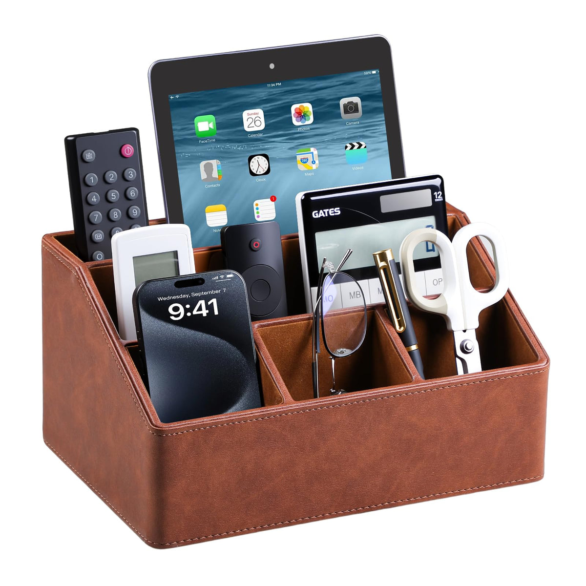 PU Leather Desk Organizer, Remote Control Holder (Brown)