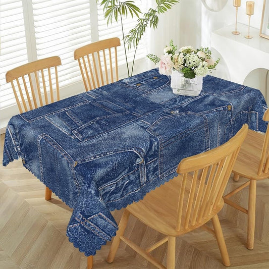 54x120inches Denim Patchwork Tablecloth Romance Indigo Miscellaneous Polyester Table Cloth Vintage Denim Style (Not Real Denim) Table Cover for Kitchen Dining Room BBQ Picnic Cafe Home Decor