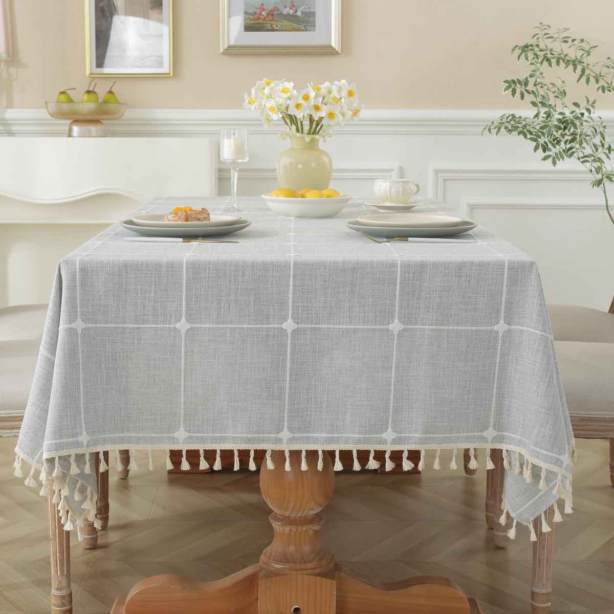 Alsoo Fall Tablecloth Rectangle Linen Style, Rustic Boho Farmhouse Outdoor Waterproof Cotton Table Cloth Wrinkle Free for Picnic Camping Party Kitchen Dining (Coffee Lines, 4-6 Seats, 55x75 Inches)