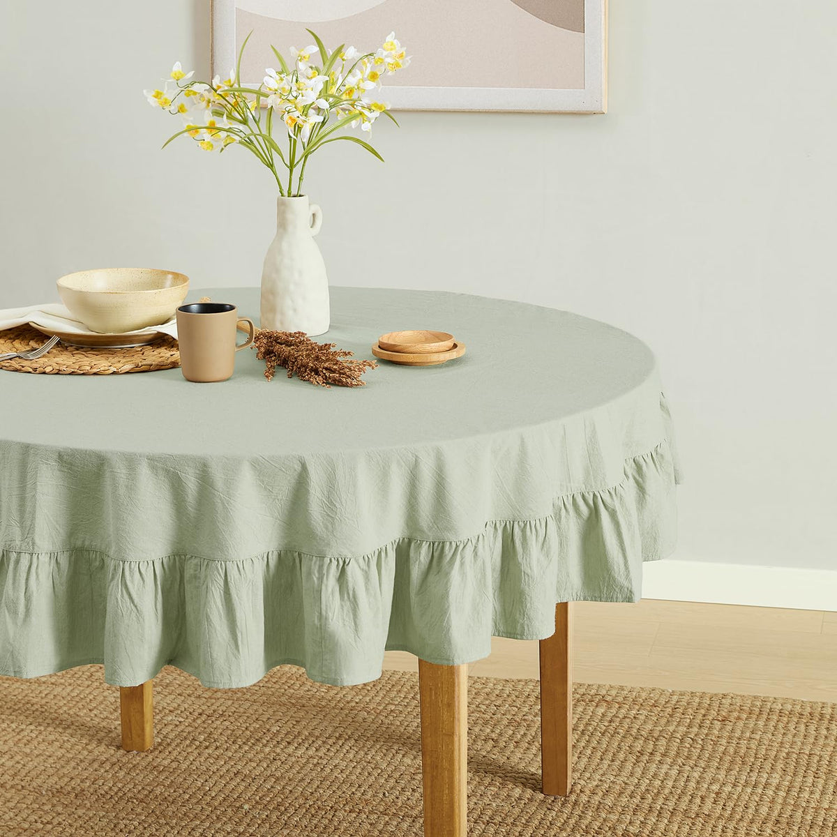 MONDAY MOOSE Ruffle Farmhouse Rustic Rectangle Natural Stonewashed Cotton Tablecloth for Kitchen, Dining Room, Restaurant (60x86 inch, Teal Green)