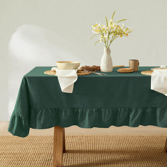 MONDAY MOOSE Ruffle Farmhouse Rustic Rectangle Natural Stonewashed Cotton Tablecloth for Kitchen, Dining Room, Restaurant (60x86 inch, Teal Green)