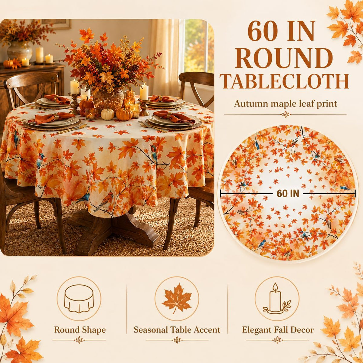 Fall Round Tablecloth 60x60 Inch Autumn Maple Leaves Birds Table Cover Holiday Decorations Seasonal Decor for Home Kitchen Dining Room Picnic Party