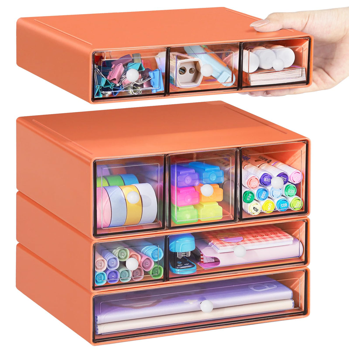 Desk Storage Organizer with 9 Drawers, 4 Tiers Stackable Desktop Craft Storage Drawers, Clear Storage Box Caddy for Stationary Makeup Jewelry Office Craft Supplies (White)