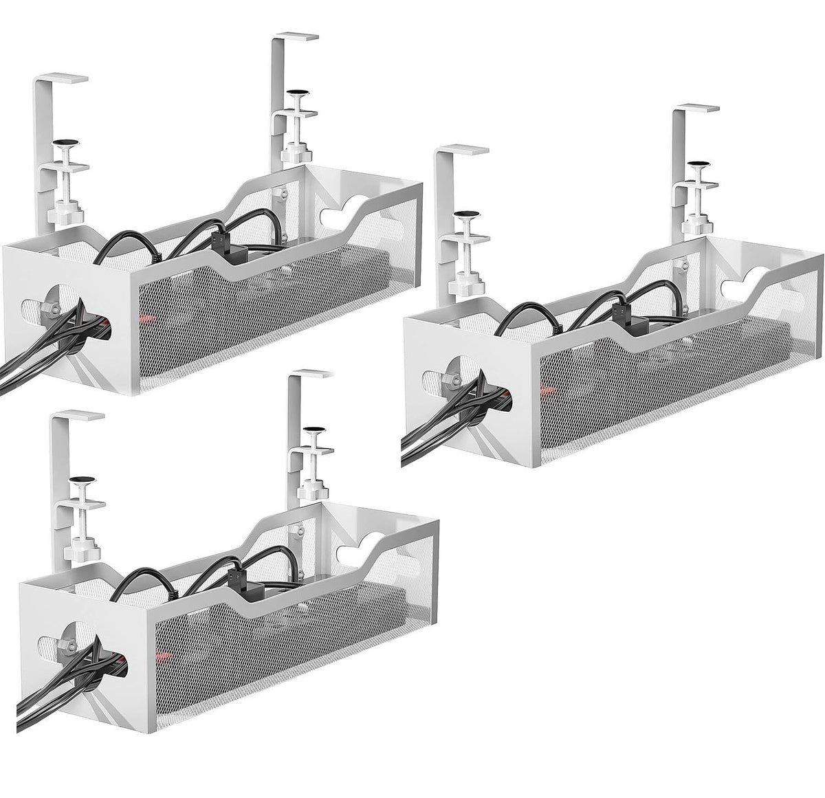 Under Desk Cable Management Tray No Drill, Metal Mesh Cable Management Under Desk with Clamp Mount, 2 Hole Cable Tray with Wire Management and Cord Organizer for Home Office Standing Desk