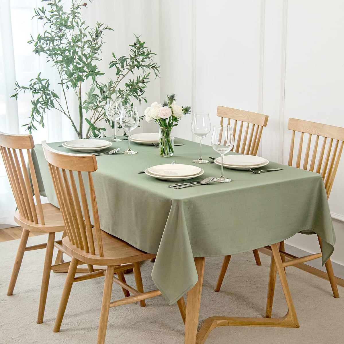 maxmill Rectangle Slubby Textured Tablecloth Waterproof Spillproof Wrinkle Free Table Cloth, Kitchen Dining Room Decoration, Fabric Table Cover for Holiday Party Dinner, 52 x 70 Inch, Sage Green