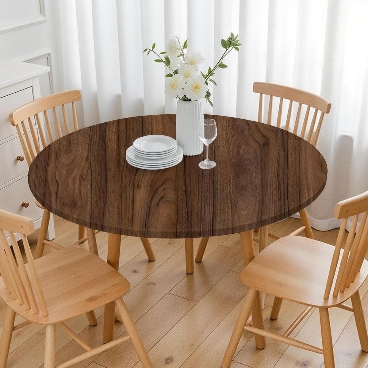 Wood Grain 48 Inch Round Fitted Cloth Tablecloth with Elastic Edged, Waterproof Oil Proof Wipeable Table Cover for Indoor Outdoor Patio Table, Fits Round Tables Up to 46" - 50" Diameter