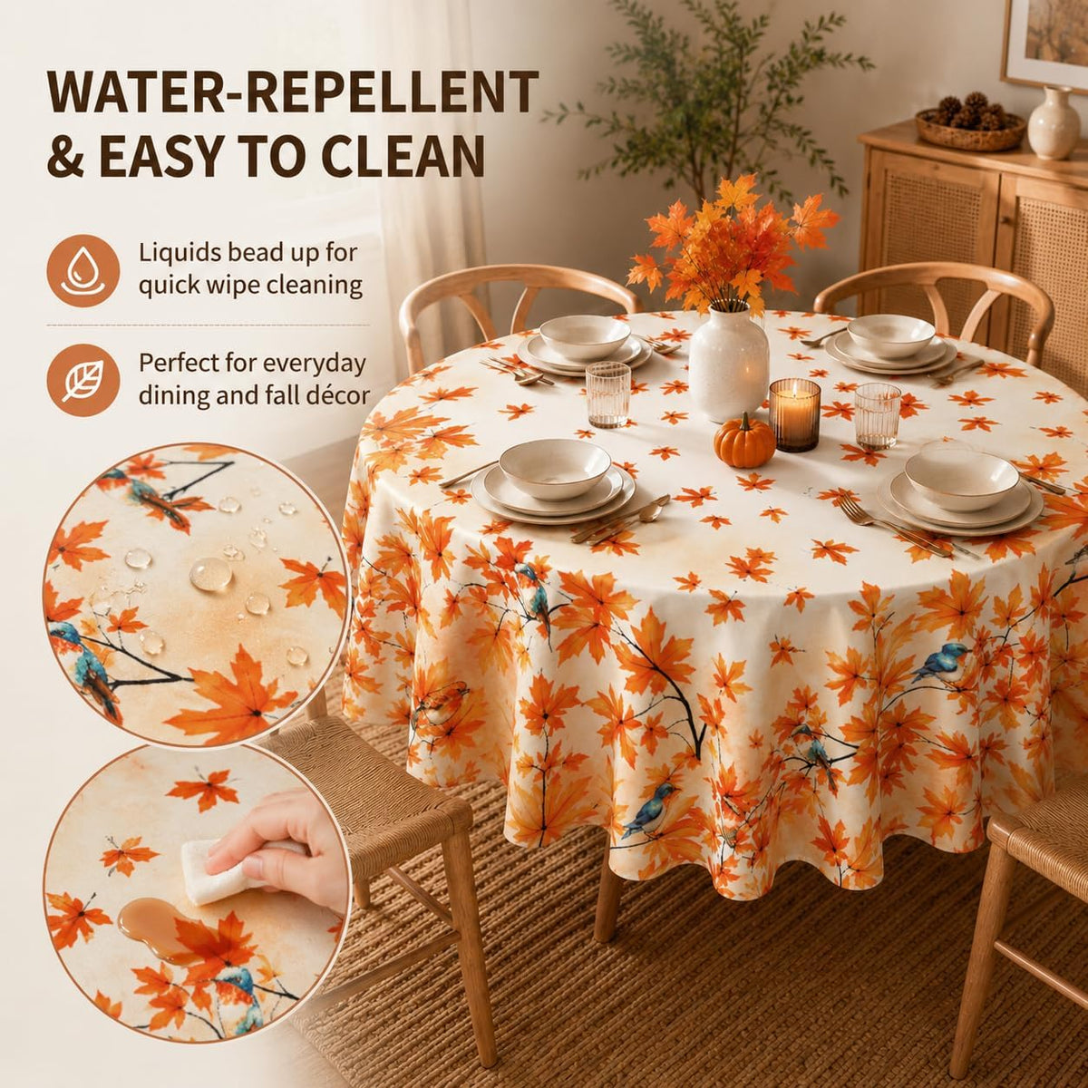 Fall Round Tablecloth 60x60 Inch Autumn Maple Leaves Birds Table Cover Holiday Decorations Seasonal Decor for Home Kitchen Dining Room Picnic Party