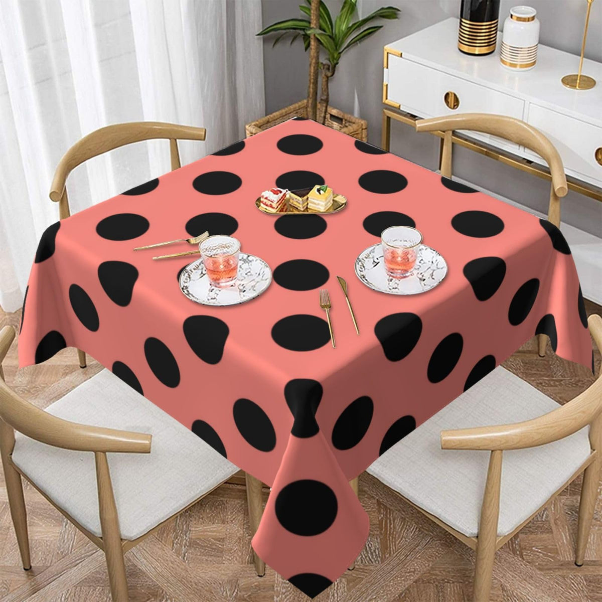 Square Tablecloth Black Polka Dots on Red Table Cover Washable Table Cloths for Kitchen Dinning Party Tabletop Modern Decoration 60 x 60inch