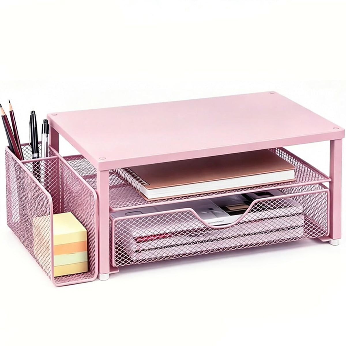 Spacrea Computer Monitor Stand with Drawer and 2 Pen Holders, Pink