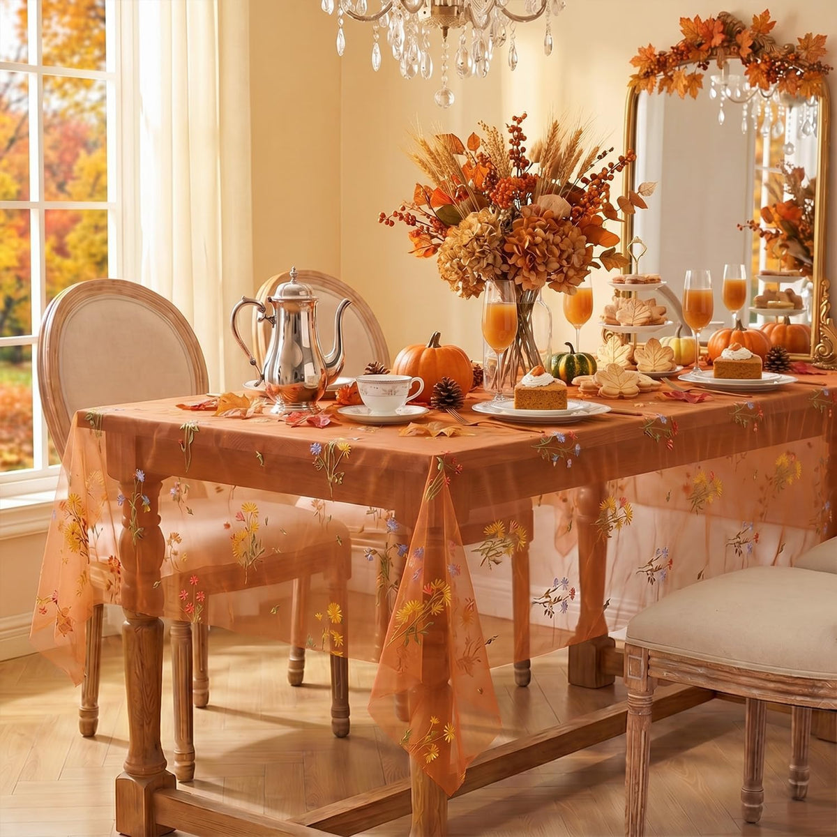 Horaldaily Embroidery Fall Caramel Tablecloth 60×84 Inch Rectangular