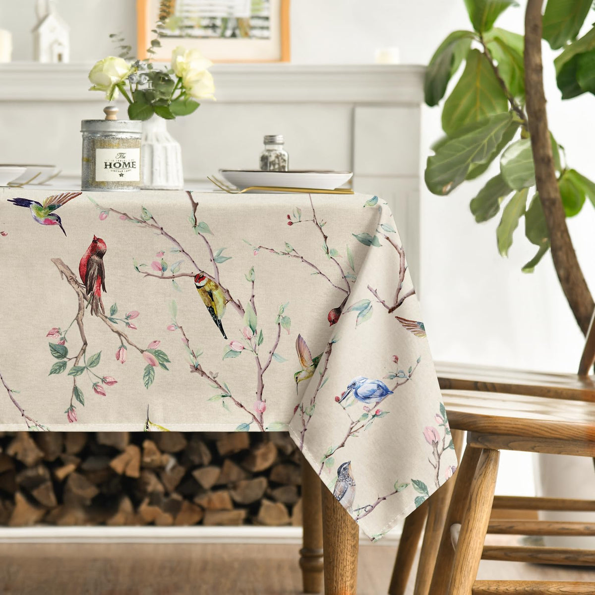 Horaldaily Spring Tablecloth 60 x 84 Inch Rectangular Birds Branch Beige