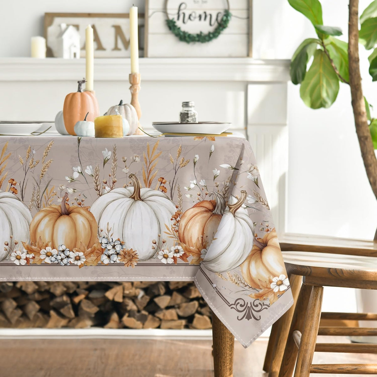 Horaldaily Fall Tablecloth 52 x 70 Inch Rectangular White Orange Pumpkin