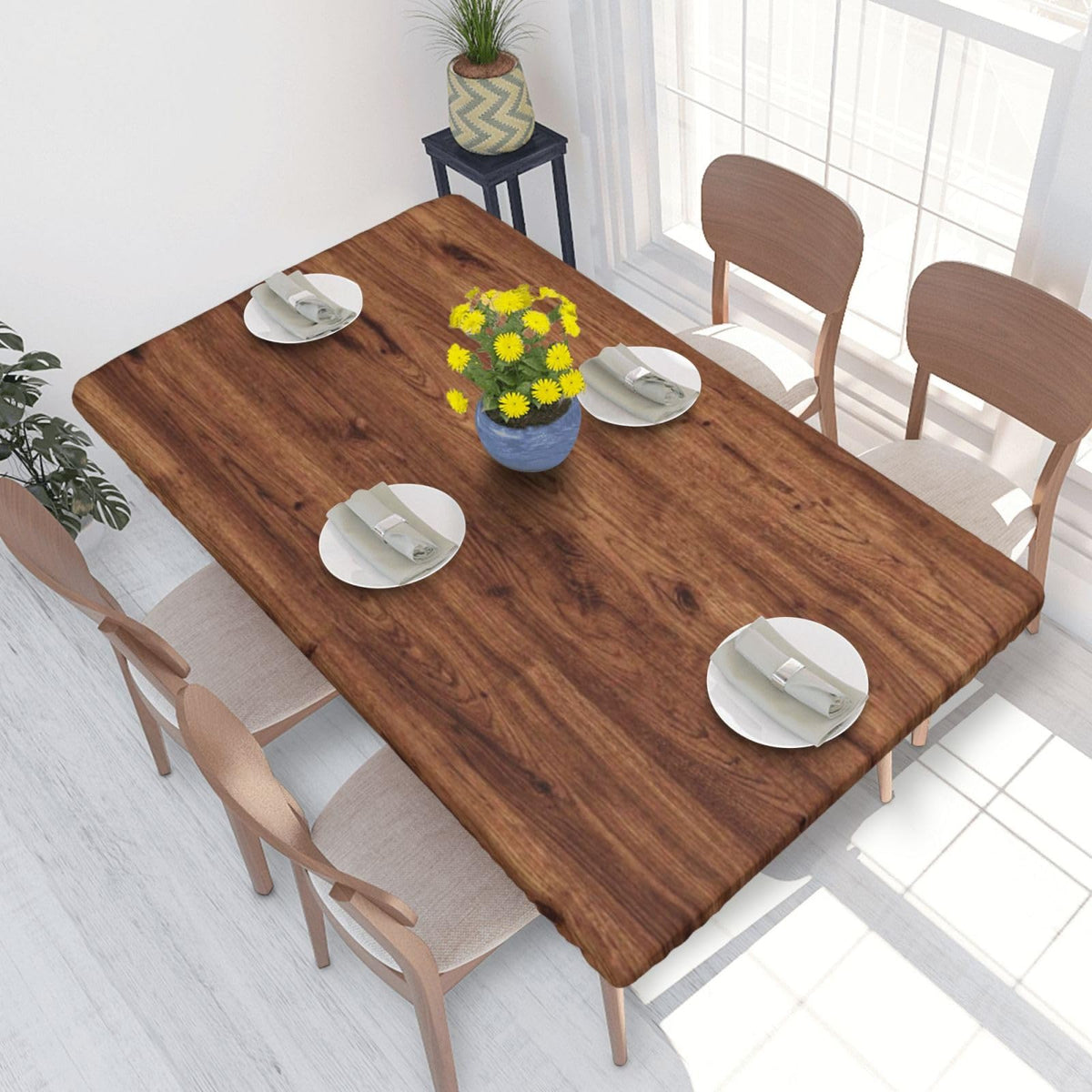 Tablecloth with Elastic Edge Black Brow Wood Grain Board Rectangle Waterproof Oil-Proof Table Cloth Washable Reusable Table Cover for Kitchen Dining, 5FT