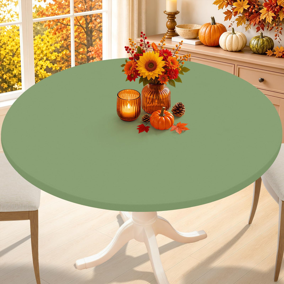 Smiry Thanksgiving Round Spandex Tablecloth, Fitted Cover for 36"-44" Table