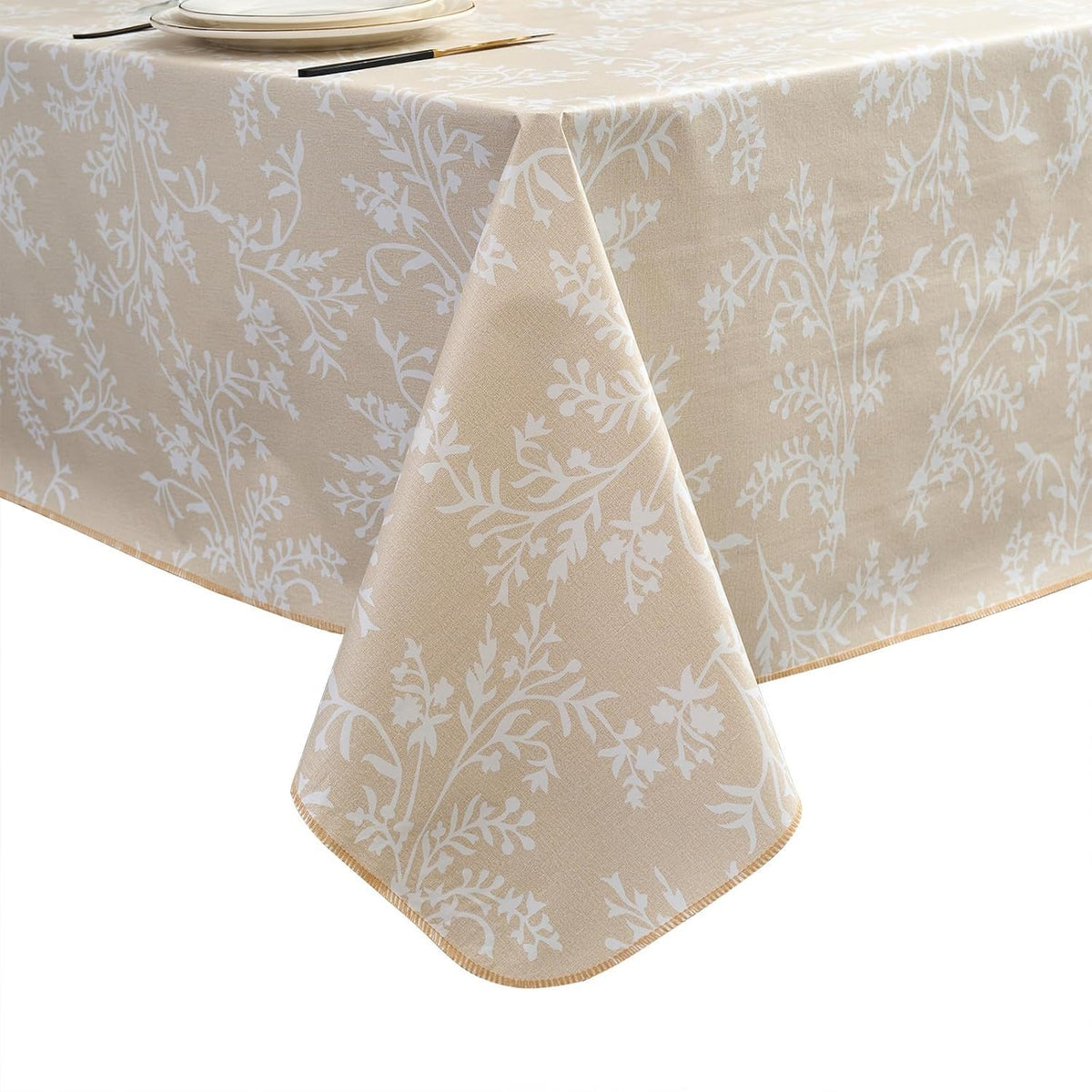 Pioggia Vinyl Tablecloth with Flannel Backing - Waterproof, Oil-Proof, Easy to Clean -Plastic Table Cloth - Perfect for Dining Tables, Kitchen Tables, Parties (Beige Flower, 54×72 Inch Rectangular)