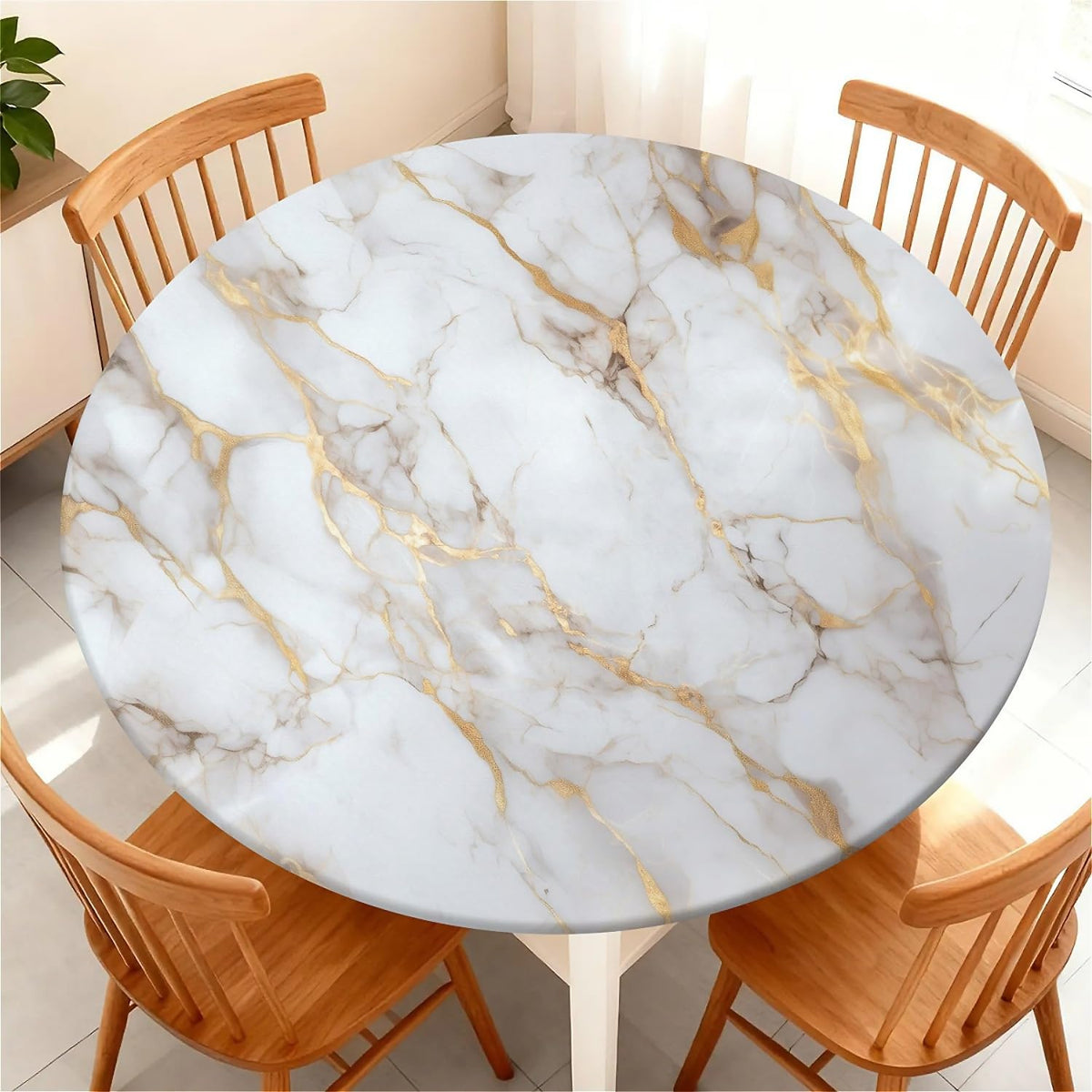 Round Fitted Tablecloth with Elastic Edge, Waterproof Stain Resistant Fabric Table Cover for 45"-48" Round Table, Indoor Outdoor Dining, Kitchen Decor, Camping, Party, Holiday, Black White Marble