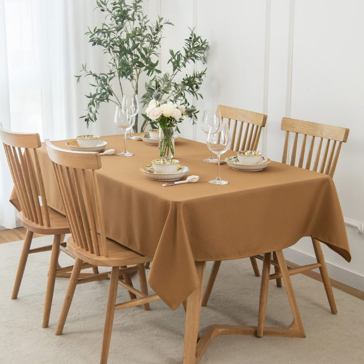 maxmill Rectangle Textured Tablecloth Waterproof Spillproof Wrinkle Free Table Cloth, Kitchen Dining Tabletop Decoration, Fabric Table Cover for Outdoor and Indoor Use, 52 x 70 Inch, Beige