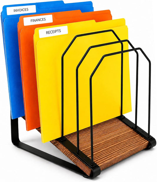 Large Inclined 5-Section Vertical Desk File Organizer, Wooden Base