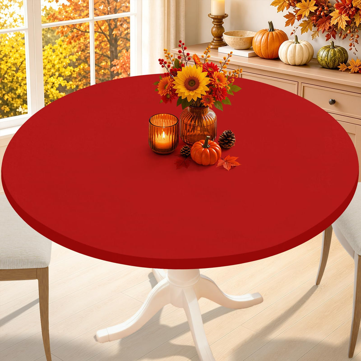 Smiry Thanksgiving Round Spandex Tablecloth, Fitted Cover for 36"-44" Table