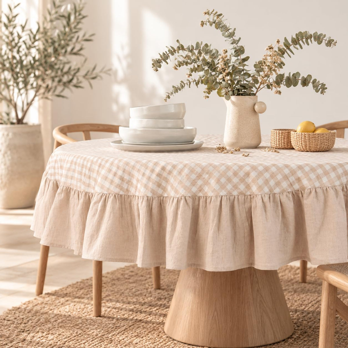MONDAY MOOSE Ruffle Farmhouse Rustic Rectangle Natural Stonewashed Cotton Tablecloth for Kitchen, Dining Room, Restaurant (60x86 inch, Teal Green)