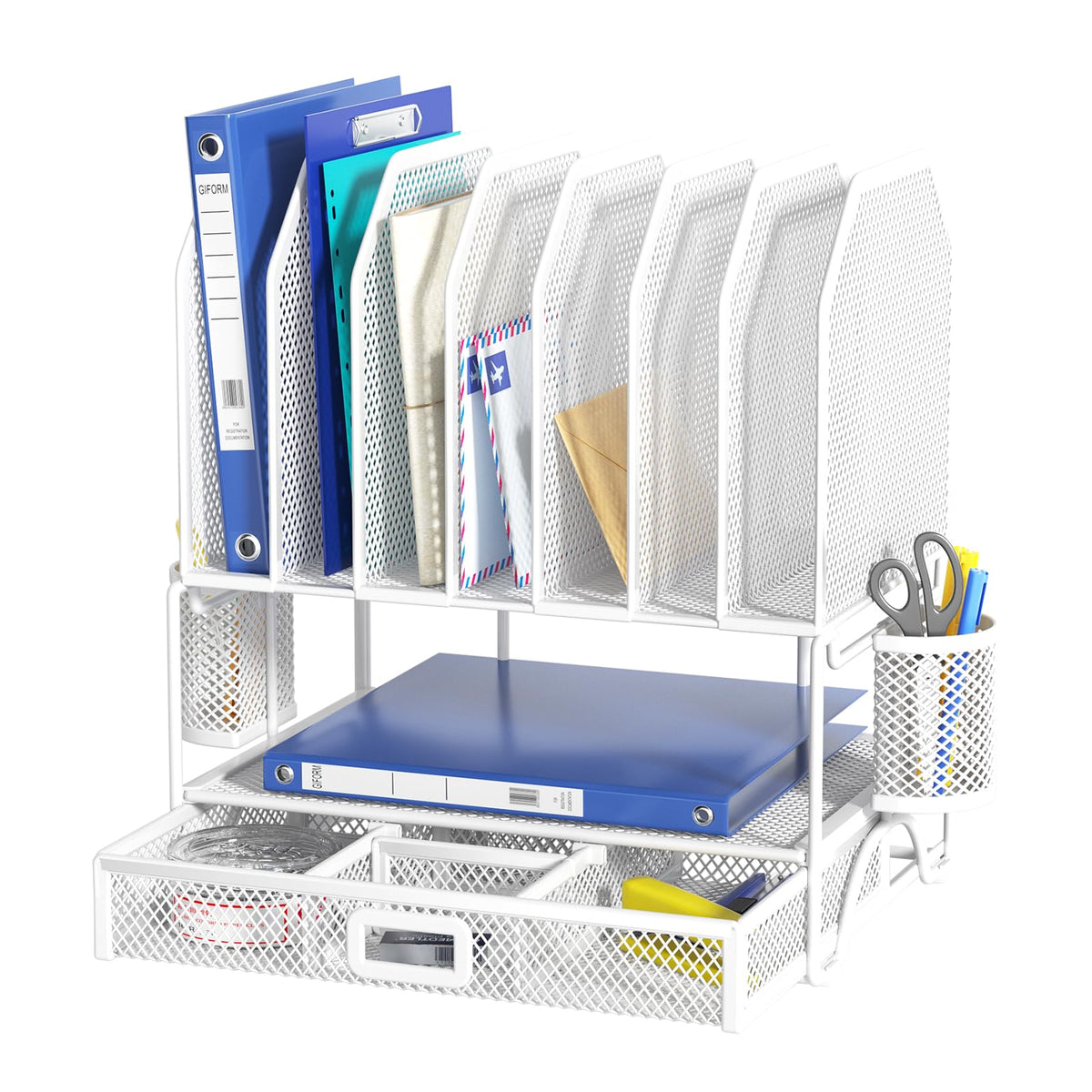 FANXIYQ Metal Desk Organizer with Sliding Drawer, 7-Section File Organizer for Desk, Desktop File Folder & Paper Organizer with 2 Hanging Pen Holders, Office Supplies Organizer, Black