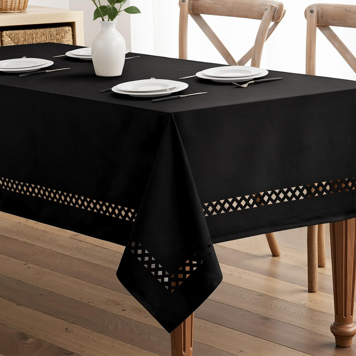 MIULEE Beige 60 Inch Round Linen Tablecloth with Decorative Cutouts