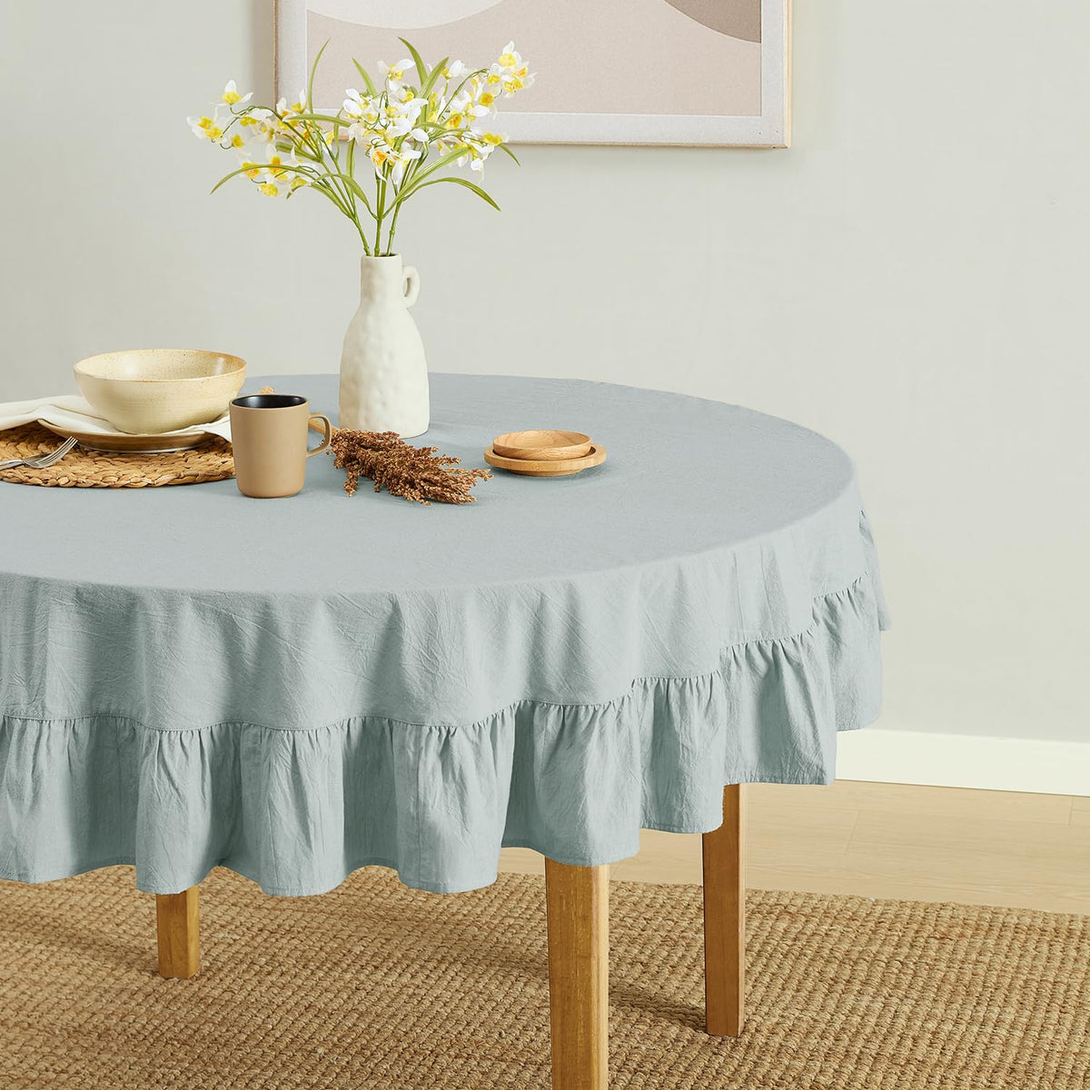 MONDAY MOOSE Ruffle Farmhouse Rustic Rectangle Natural Stonewashed Cotton Tablecloth for Kitchen, Dining Room, Restaurant (60x86 inch, Teal Green)