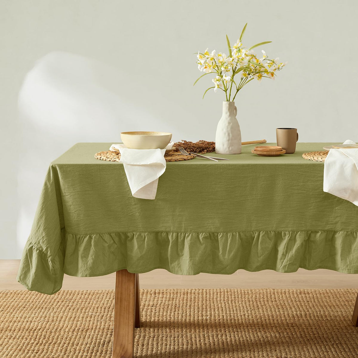 MONDAY MOOSE Ruffle Farmhouse Rustic Rectangle Natural Stonewashed Cotton Tablecloth for Kitchen, Dining Room, Restaurant (60x86 inch, Teal Green)