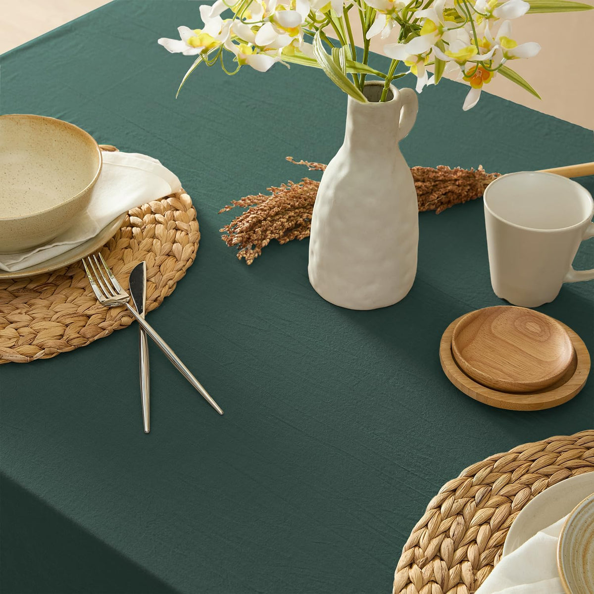 MONDAY MOOSE Ruffle Farmhouse Rustic Rectangle Natural Stonewashed Cotton Tablecloth for Kitchen, Dining Room, Restaurant (60x86 inch, Teal Green)