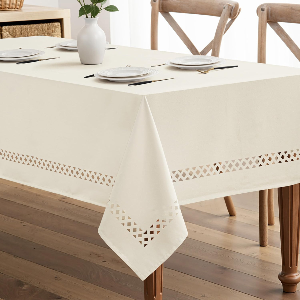 MIULEE Beige 60 Inch Round Linen Tablecloth with Decorative Cutouts