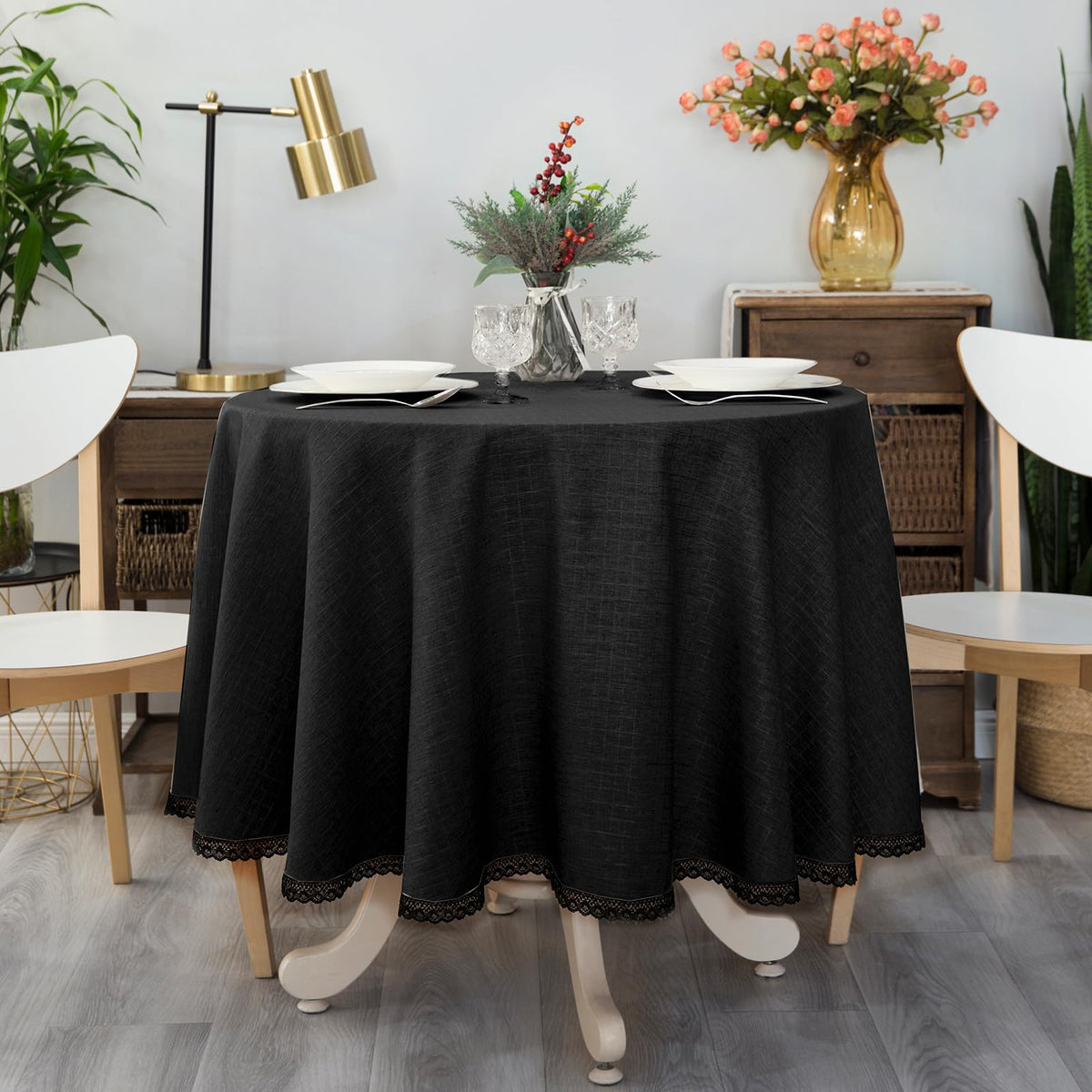 GLORY SEASON Textured Tablecloth Linen-Look Rustic Burlap Style Washable Solid Heavy Weight Lace Trim Rectangle Fabric Table Cloth,Table Cover for Kitchen Dinning Tabletop Decoration 55x70 in Beige