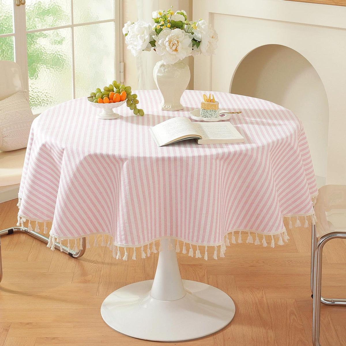 meioro Table Cloth Blue White Striped Tablecloth Tassels Cotton Blend Dust-Proof Table Cover for Dining Coffee Buffet Kitchen Picnic Tables, Parties Indoor Outdoor Square Tablecloths (36x36 Inch)
