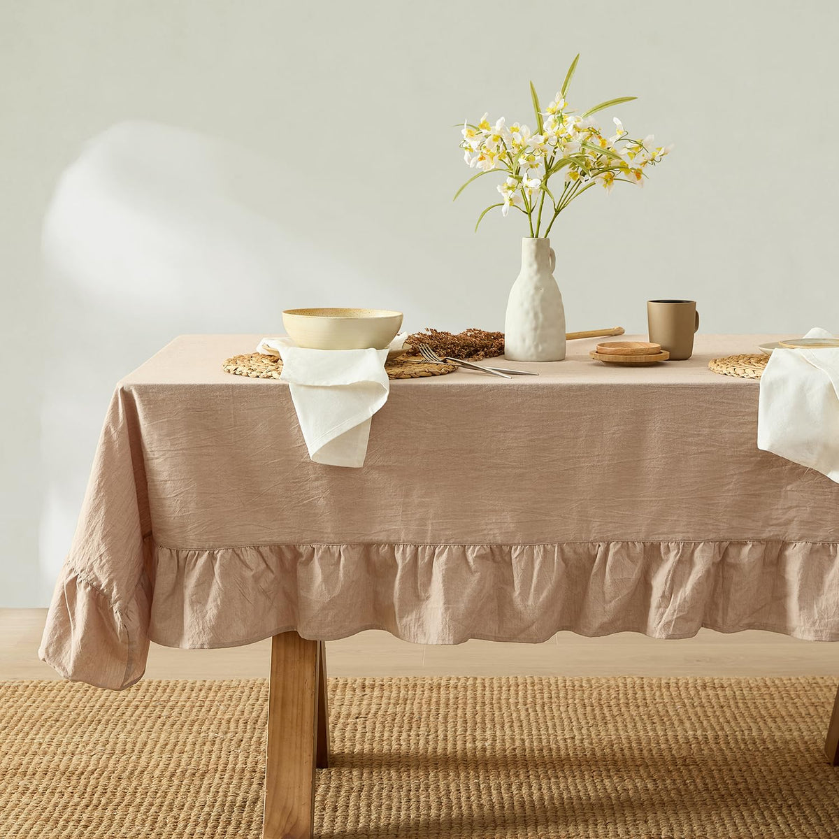 MONDAY MOOSE Ruffle Farmhouse Rustic Rectangle Natural Stonewashed Cotton Tablecloth for Kitchen, Dining Room, Restaurant (60x86 inch, Teal Green)