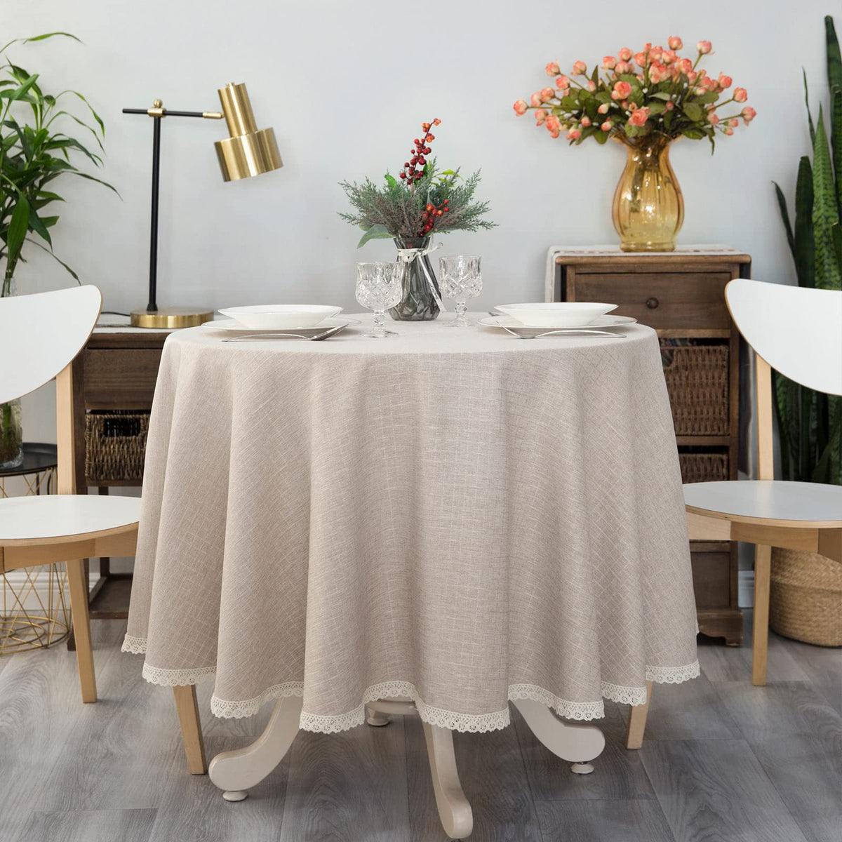 GLORY SEASON Textured Tablecloth Linen-Look Rustic Burlap Style Washable Solid Heavy Weight Lace Trim Rectangle Fabric Table Cloth,Table Cover for Kitchen Dinning Tabletop Decoration 55x70 in Beige