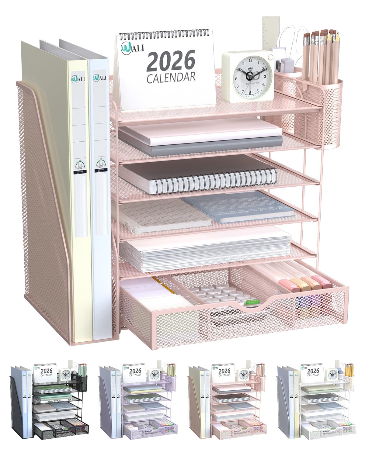WALI Desk File Organizer, 4 Tier Desktop Paper Letter Tray Organizer with Drawer and 2 Pen Holders, Office Desk Accessories & Workspace Organizers for Office, Home, School Supplies, 1 Pack, Rose Gold