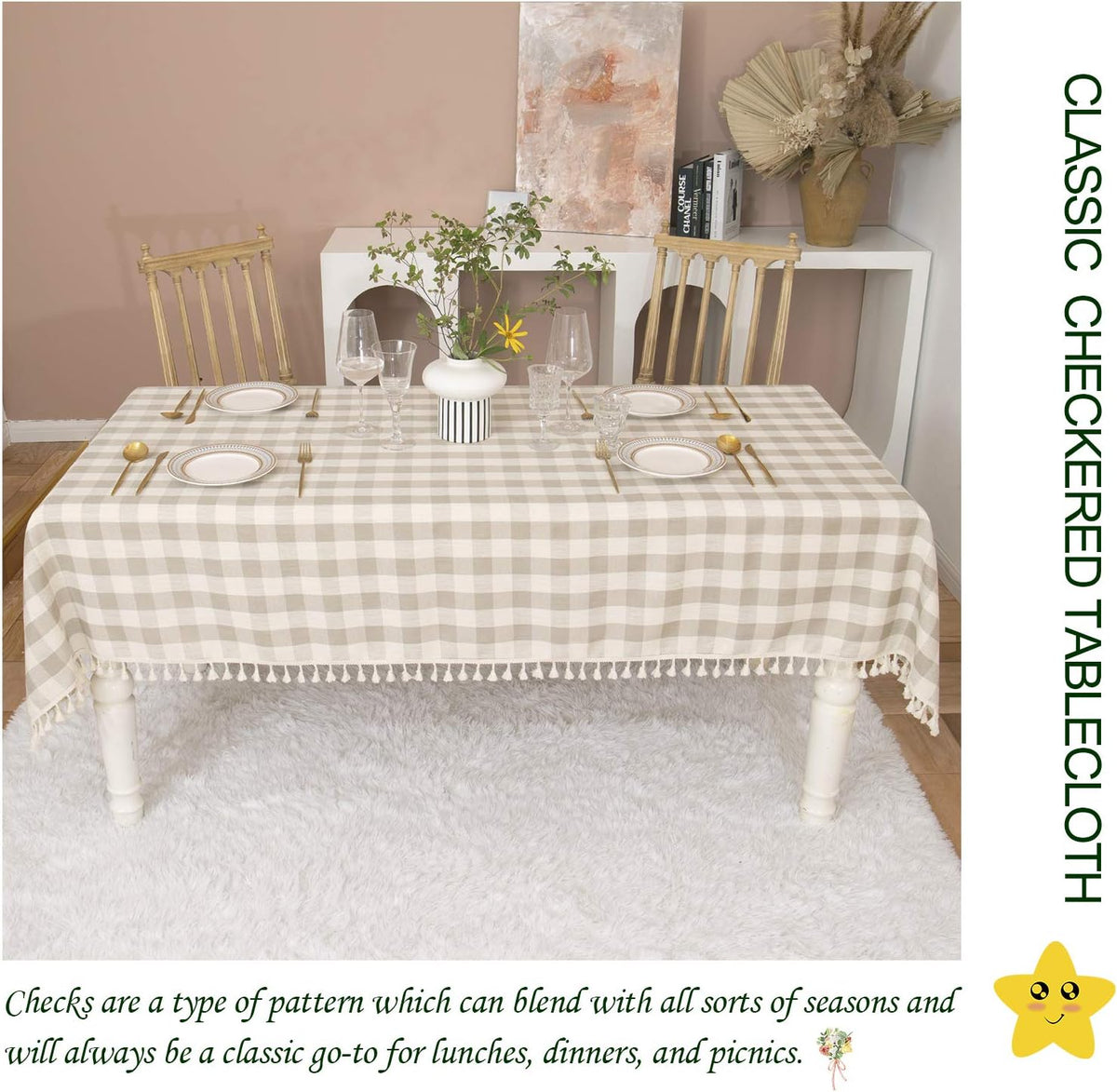 Midsummer Breeze Farmhouse Gray Khaki Gingham Tablecloth Rectangle 55”x70”