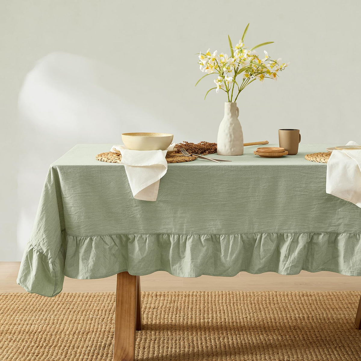 MONDAY MOOSE Ruffle Farmhouse Rustic Rectangle Natural Stonewashed Cotton Tablecloth for Kitchen, Dining Room, Restaurant (60x86 inch, Teal Green)