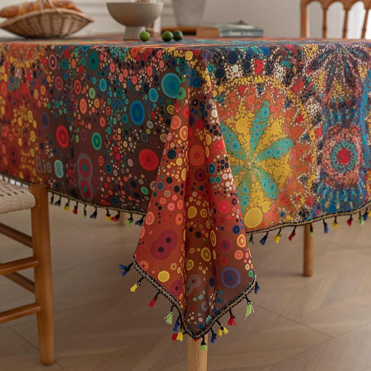 Boho Tablecloth for Square Tables,Fringed Edges with Geometric Pattern Tablecloths,Farmhouse Floral Table Cover Cloth Decorative for Kitchen Dining Room,59"x 59"