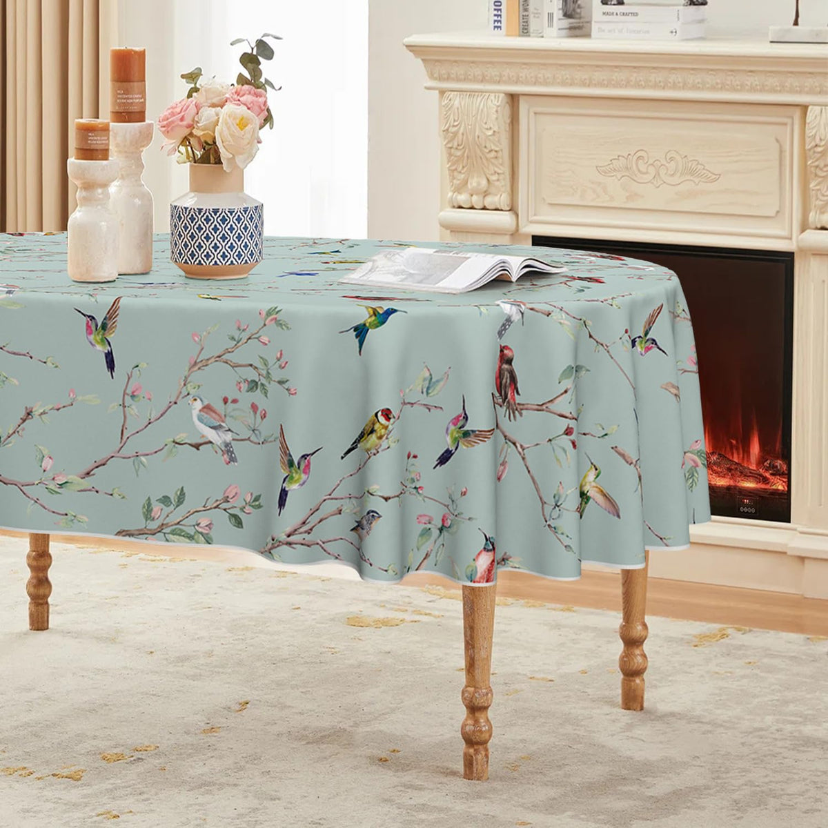 Horaldaily Spring Tablecloth 60 x 84 Inch Rectangular Birds Branch Beige