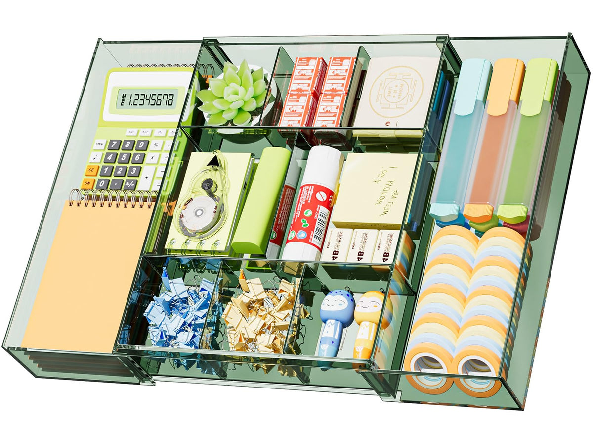 Marbrasse Expandable Desk Drawer Organizer, Clear Plastic Drawer Organizer Tray with 10 Adjustable Compartments, Desk Organizers and Accessories, 5 Drawer Dividers for Office Supplies, Makeup(Clear)