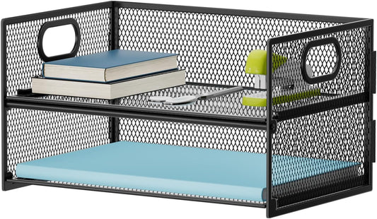 Marbrasse 2 Tier Paper Organizer Letter Tray, Mesh File Organizer with Handle, Paper Sorter Desk Organizer for Home Office Supplies - Black