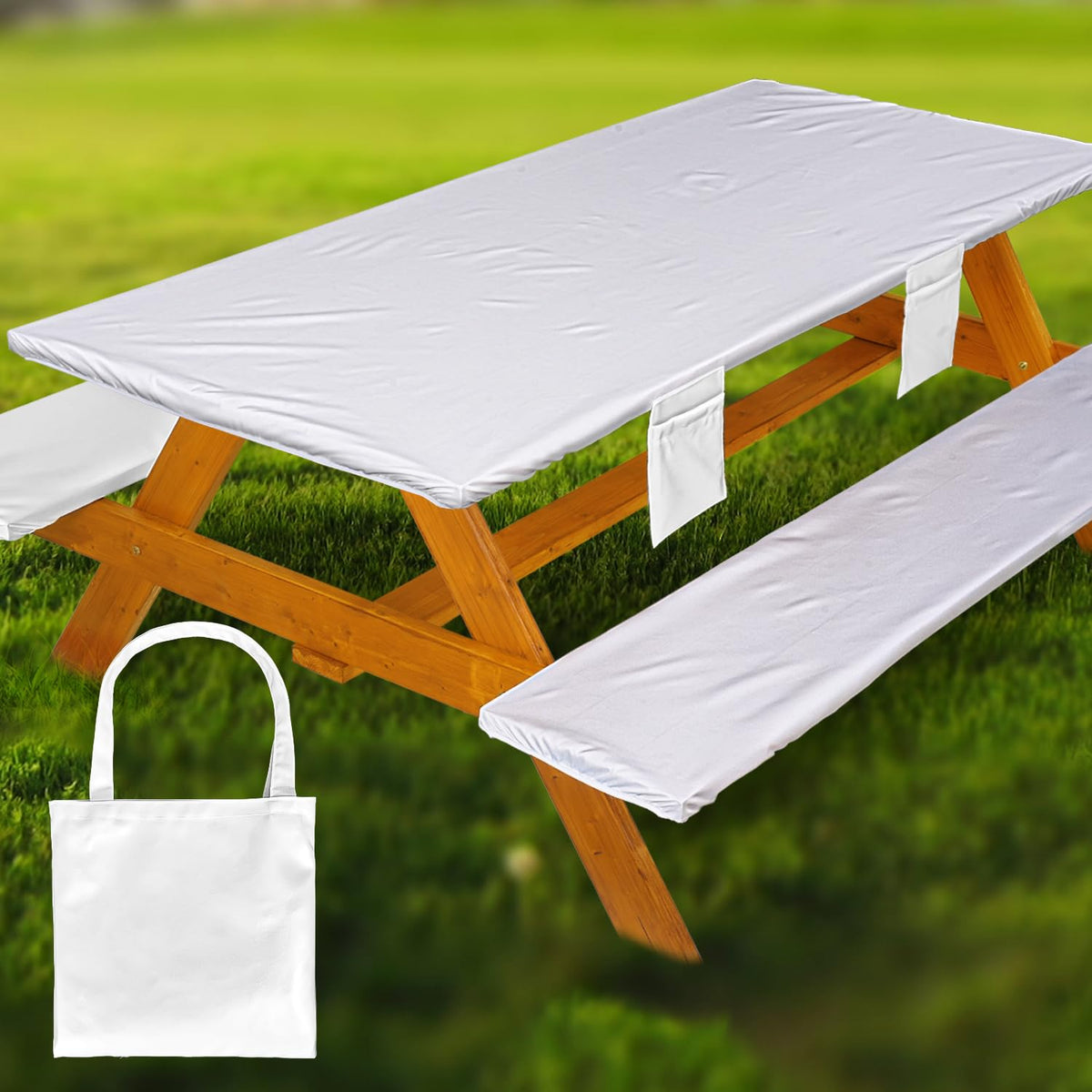 Fitted Picnic Table Cover with Bench Covers Vinyl Waterproof Elastic Edges Fitted Rectangle Tables Patio Tablecloth Camping Gear and Essentials Rv Accessories Road Trip Supplies Car Travel Must Haves