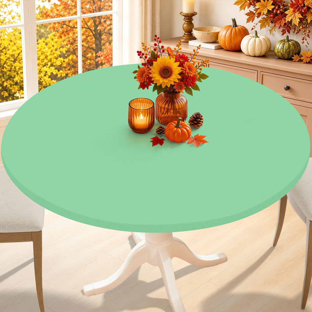 Smiry Thanksgiving Round Spandex Tablecloth, Fitted Cover for 36"-44" Table