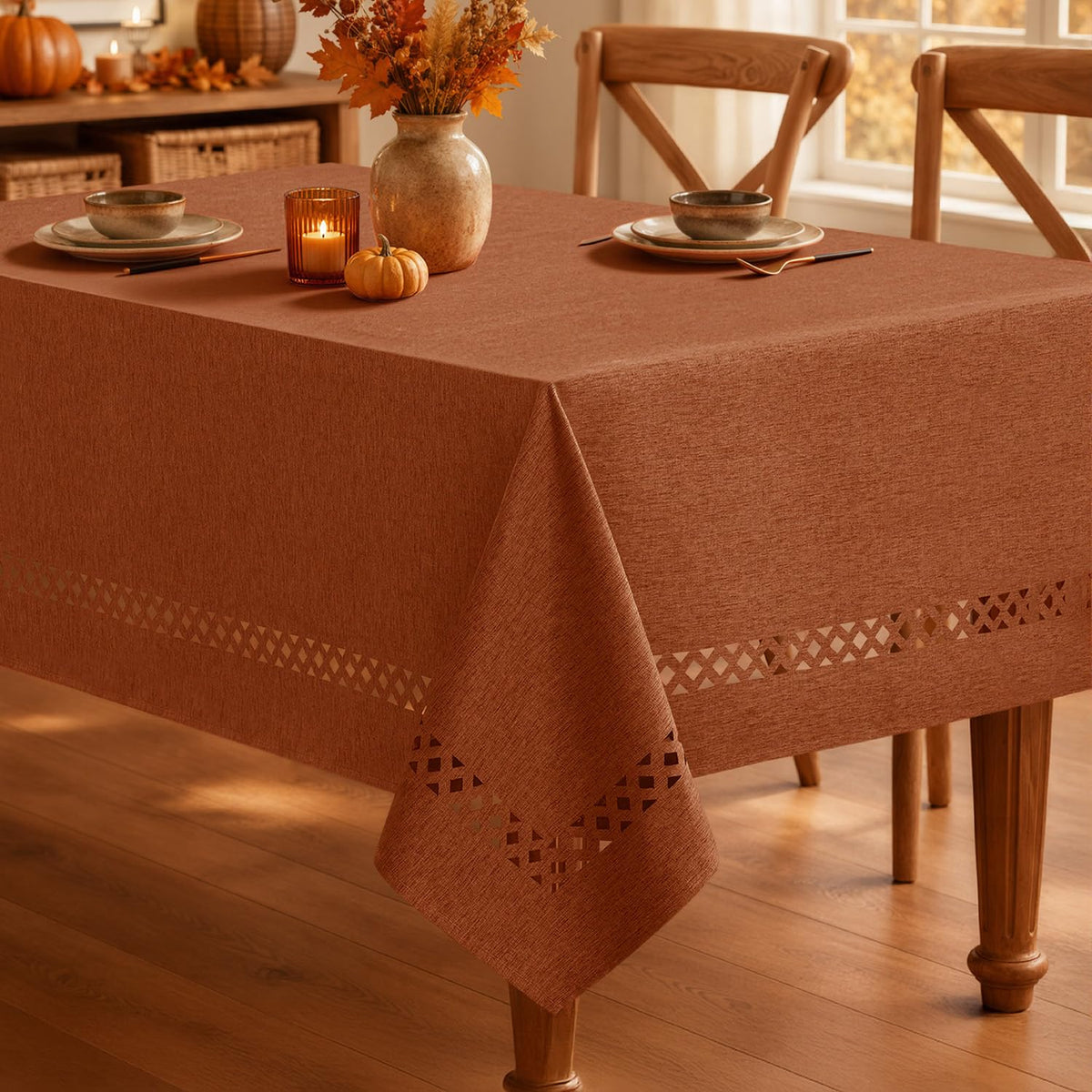 MIULEE Beige 60 Inch Round Linen Tablecloth with Decorative Cutouts