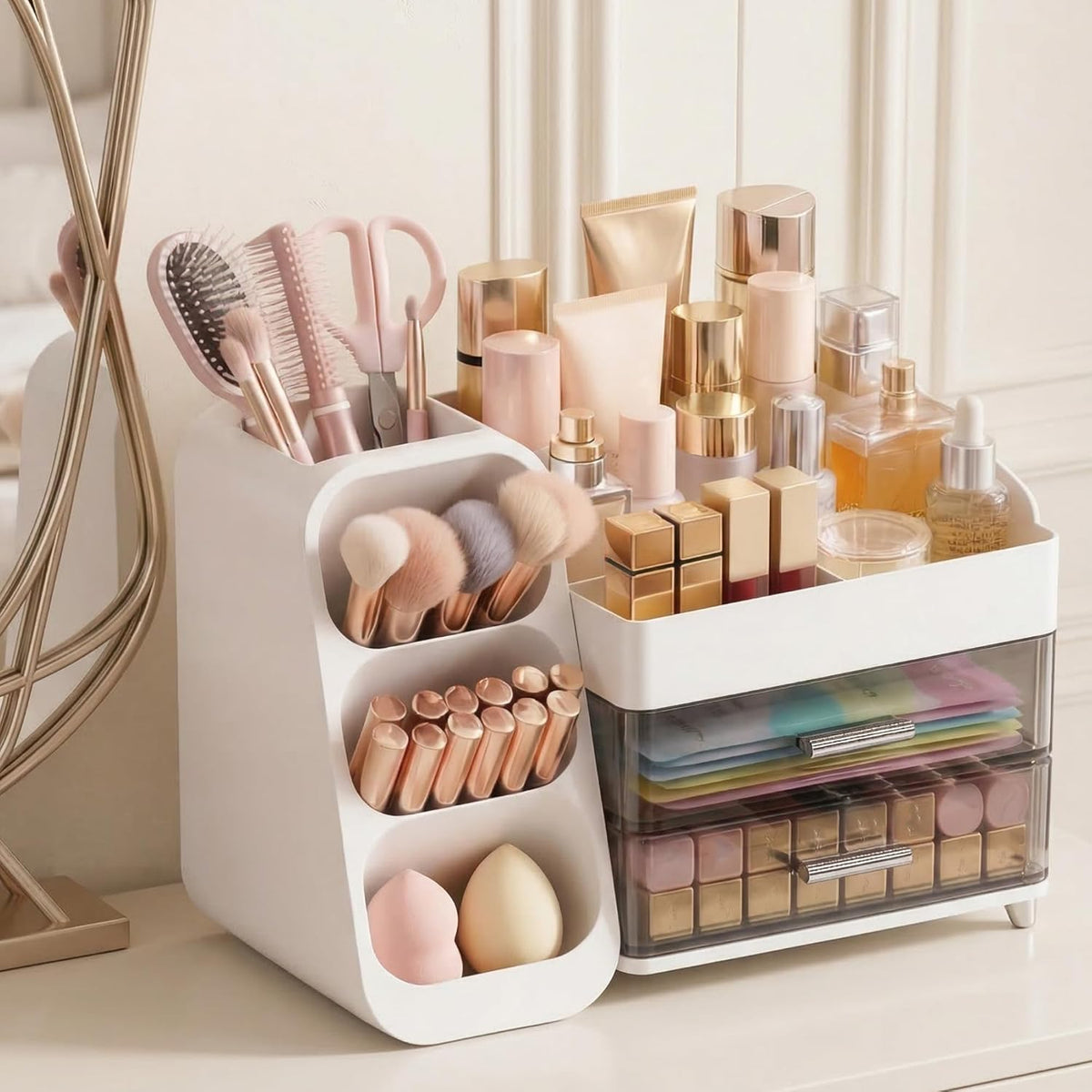 Large Capacity Makeup Organizer Countertop with Makeup Brush Holder for Vanity, Thickened Material, Bathroom Countertop Organizer Skin Care Perfumes Storage, Teen Girl Gifts for 12-23 Year