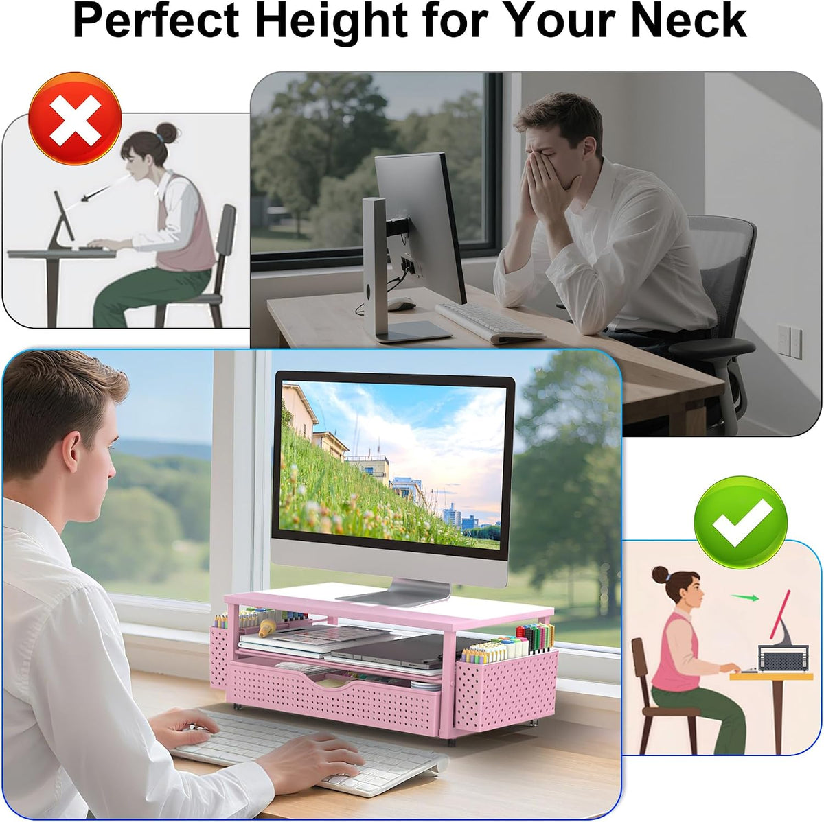 Spacrea Computer Monitor Stand with Drawer and 2 Pen Holders, Pink