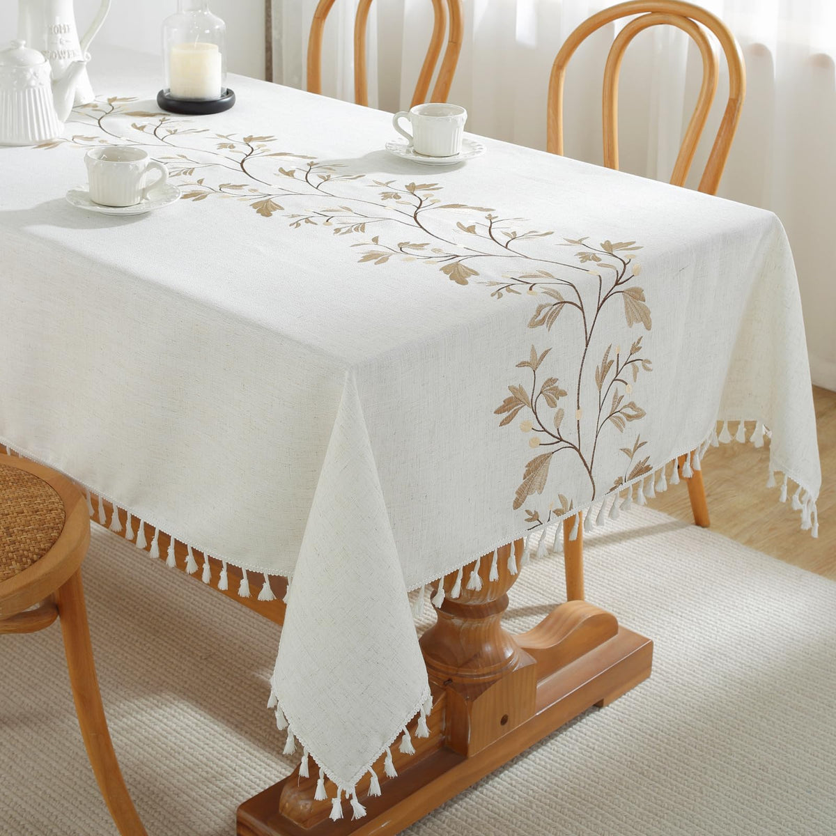 Alsoo Fall Tablecloth Rectangle Linen Style, Rustic Boho Farmhouse Outdoor Waterproof Cotton Table Cloth Wrinkle Free for Picnic Camping Party Kitchen Dining (Coffee Lines, 4-6 Seats, 55x75 Inches)