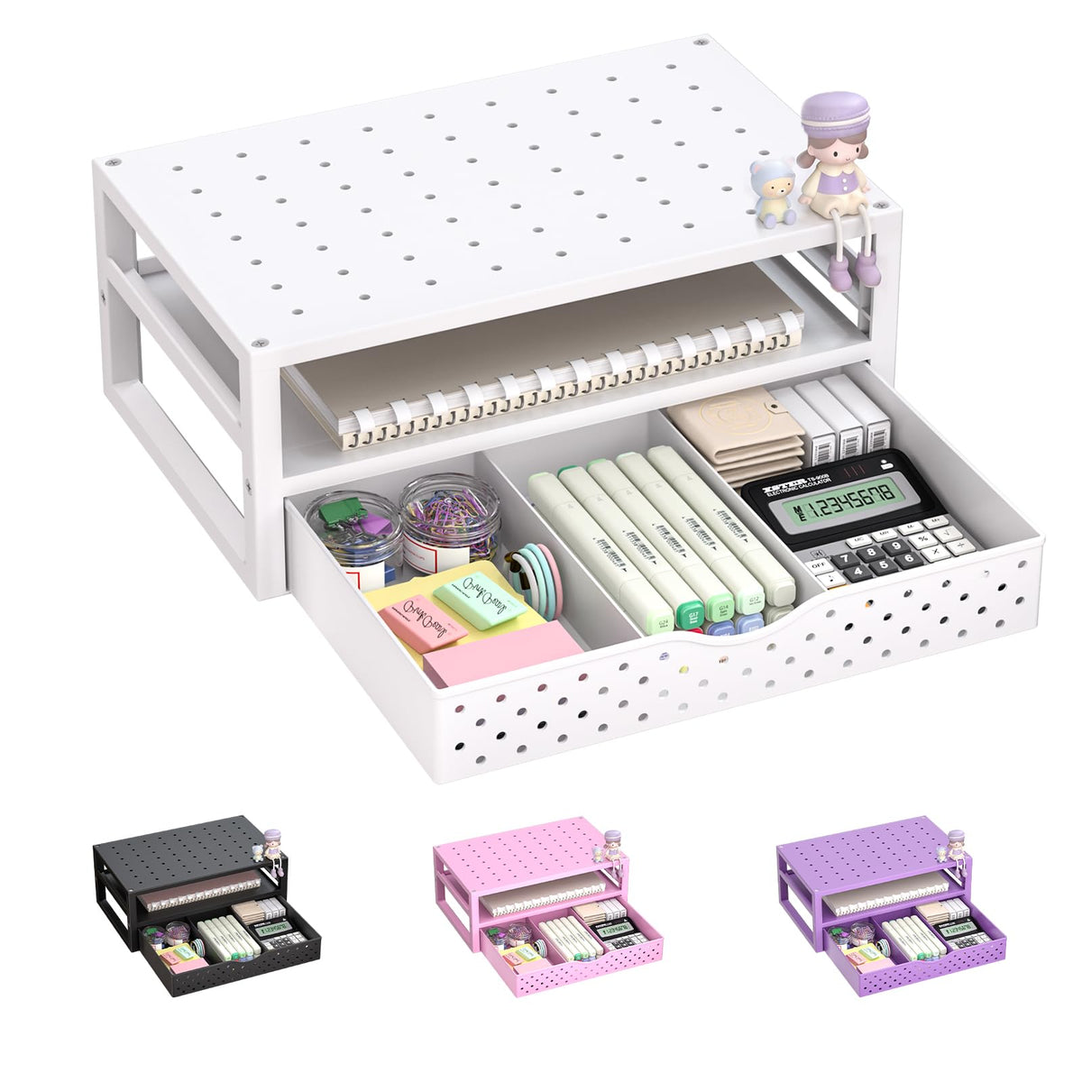WALI Desk File Organizer, 4 Tier Desktop Paper Letter Tray Organizer with Drawer and 2 Pen Holders, Office Desk Accessories & Workspace Organizers for Office, Home Supplies(DO005DH-P), 1 Pack, Pink