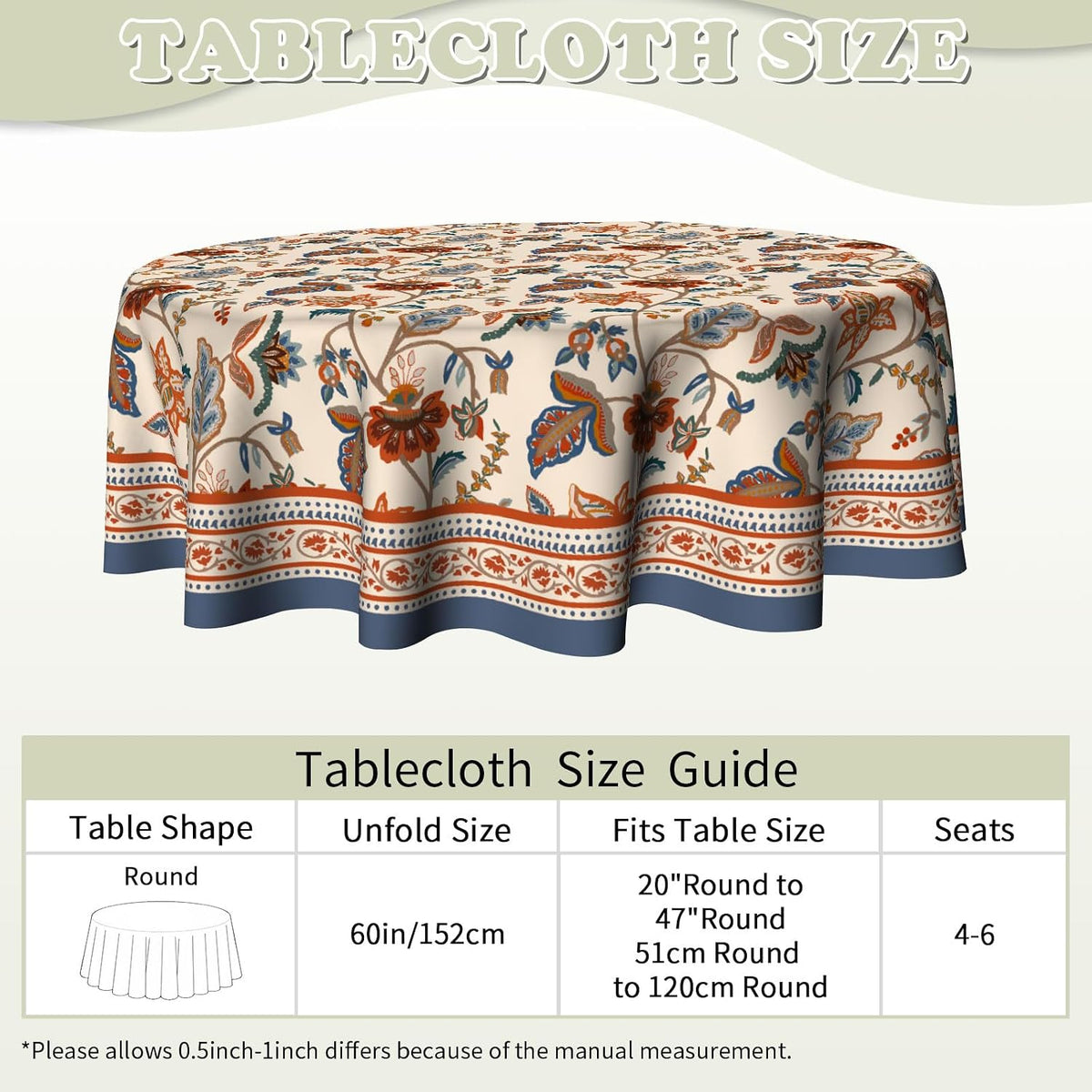 Imiss Floral Round Tablecloth Durable Washable Table Cover Bohemian Blue Red Floral Branches Decorative Farmhouse Table Cloth 60 Inch for Kitchen Dining Party Camping