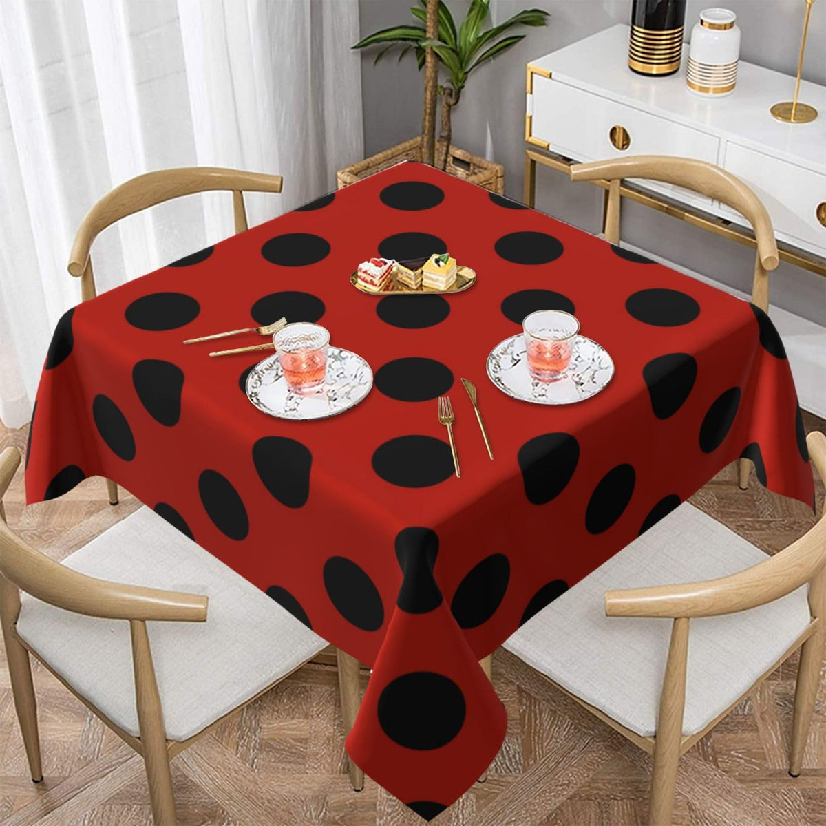Square Tablecloth Black Polka Dots on Red Table Cover Washable Table Cloths for Kitchen Dinning Party Tabletop Modern Decoration 60 x 60inch